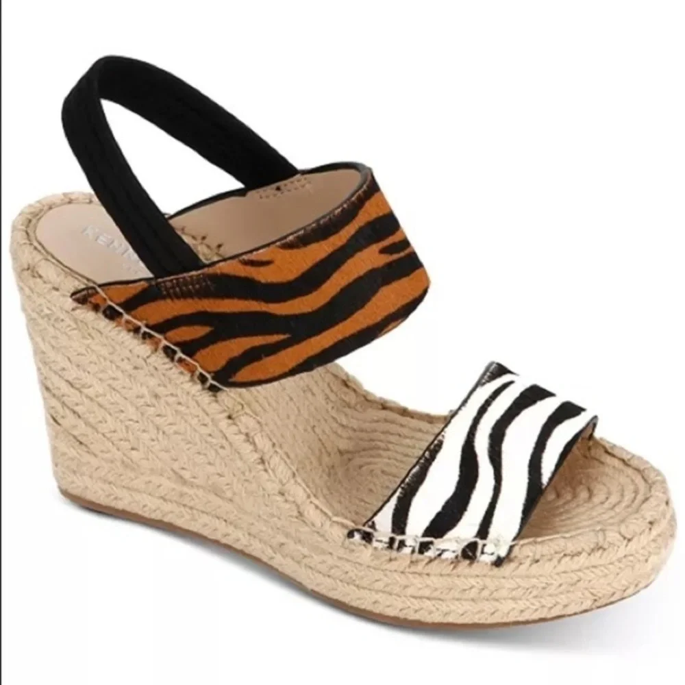 nwt Kenneth Cole Zebra Print 100% Genuine Calf Hair Upper Espadrille Sandal 8
